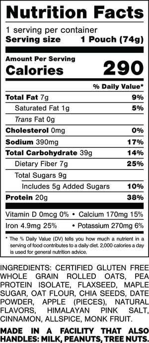 Nutrition Facts.
Serving Size: 1 Pouch (74grams).
Calories: 290.
Total Fat: 7grams 9%.
Saturated Fat: 1gram 5%.
Trans Fat: 0gram.
Cholesterol: 0mg 0%.
Sodium: 390mg 17%.
Total Carbohydrates: 39grams 14%.
Dietary Fiber: 7grams 25%.
Total Sugars: 9grams.
Includes: 5grams Added Sugars 10%.
Protein: 20grams 38%.
Vitamin D: 0mcg 0%.
Calcium: 170mg 15%.
Iron: 4.9mg 25%.
Potassium: 270mg 6%.

INGREDIENTS: CERTIFIED GLUTEN FREE WHOLE GRAIN ROLLED OATS, PEA PROTEIN ISOLATE, FLAXSEED, MAPLE SUGAR, OAT FLOUR, CHIA SEEDS, DATE POWDER, APPLE (PIECES), NATURAL FLAVORS, HIMALAYAN PINK SALT, CINNAMON, ALLSPICE, MONK FRUIT.

MADE IN A FACILITY THAT ALSO HANDLES: MILK, PEANUTS, TREE NUTS.
