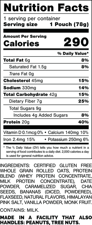 Nutrition Facts.
Serving Size: 1 Pouch (78grams).
Calories: 290.
Total Fat: 6grams 8%.
Saturated Fat: 1.5grams 8%.
Trans Fat: 0grams.
Cholesterol: 45mg 15%.
Sodium: 330mg 14%.
Total Carbohydrates: 42grams 15%.
Dietary Fiber: 7grams 25%.
Total Sugars: 9grams.
Includes: 4grams Added Sugars 8%.
Protein: 20grams 40%.
Vitamin D: 0.1mcg 0%.
Calcium: 140mg 10%.
Iron: 2.4mg 15%.
Potassium: 250mg 6%.

Ingredients:
Certified Gluten Free Whole Grain Rolled Oats, Protein Blend (Whey Protein Concentrate, Milk Protein Concentrate), Date Powder, Caramelized Sugar, Chia Seeds, Bananas (Diced, Powdered), Flaxseed, Natural Flavors, Himalayan Pink Salt, Vanilla Powder, Monk Fruit.

CONTAINS: MILK.

MADE IN A FACILITY THAT ALSO HANDLES: PEANUTS, TREE NUTS.