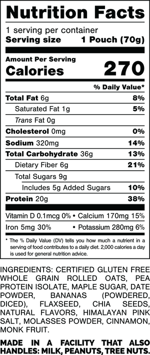 Nutrition Facts.
Serving Size: 1 Pouch (70gram).
Calories: 270.
Total Fat: 6gram 8%.
Saturated Fat: 1gram 5%.
Trans Fat: 0gram.
Cholesterol: 0mg 0%.
Sodium: 320mg 14%.
Total Carbohydrates: 36gram 13%.
Dietary Fiber: 6gram 21%.
Total Sugars: 9gram.
Includes: 5gram Added Sugars 10%.
Protein: 20gram 38%.
Vitamin D: 0.1mcg 0%.
Calcium: 170mg 15%.
Iron: 5mg 30%.
Potassium: 280mg 6%.

INGREDIENTS: CERTIFIED GLUTEN FREE WHOLE GRAIN ROLLED OATS, PEA PROTEIN ISOLATE, MAPLE SUGAR, DATE POWDER, BANANAS (POWDERED, DICED), FLAXSEED, CHIA SEEDS, NATURAL FLAVORS, HIMALAYAN PINK SALT, MOLASSES POWDER, CINNAMON, MONK FRUIT.

MADE IN A FACILITY THAT ALSO HANDLES: MILK, PEANUTS, TREE NUTS.
