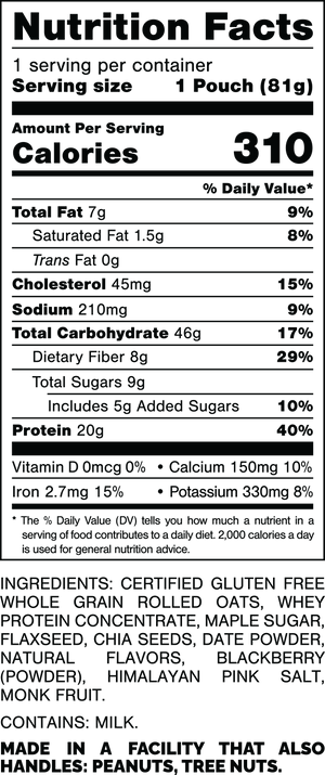 Serving Size: 1 Pouch (81grams).
Calories: 310.
Total Fat: 7grams 9%.
Saturated Fat: 1.5grams 8%.
Trans Fat: 0grams.
Cholesterol: 45mg 15%.
Sodium: 210mg 9%.
Total Carbohydrates: 46grams 17%.
Dietary Fiber: 8grams 29%.
Total Sugars: 9grams.
Includes: 5grams Added Sugars 10%.
Protein: 20grams 40%.
Vitamin D: 0mcg 0%.
Calcium: 150mg 10%.
Iron: 2.7mg 15%.
Potassium: 330mg 8%.

Ingredients:
Certified Gluten Free Whole Grain Rolled Oats, Whey Protein Concentrate, Maple Sugar, Flaxseed, Chia Seeds, Date Powder, Natural Flavors, Blackberry (Powder), Himalayan Pink Salt, Monk Fruit.

Contains: Milk.

Made in a facility that also handles: Peanuts, Tree Nuts.