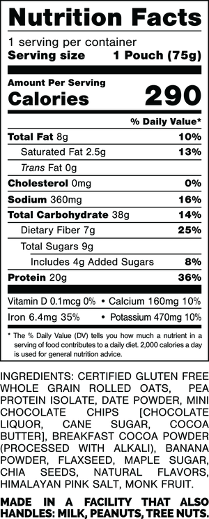 Nutrition Facts.
Serving Size: 1 Pouch (75gram).
Calories: 290.
Total Fat: 8gram 10%.
Saturated Fat: 2.5gram 13%.
Trans Fat: 0gram.
Cholesterol: 0mg 0%.
Sodium: 360mg 16%.
Total Carbohydrates: 38gram 14%.
Dietary Fiber: 7gram 25%.
Total Sugars: 9gram.
Includes: 4gram Added Sugars 8%.
Protein: 20gram 36%.
Vitamin D: 0.1mcg 0%.
Calcium: 160mg 10%.
Iron: 6.4mg 35%.
Potassium: 470mg 10%.

INGREDIENTS: CERTIFIED GLUTEN FREE WHOLE GRAIN ROLLED OATS,  PEA PROTEIN ISOLATE, DATE POWDER, MINI CHOCOLATE CHIPS [CHOCOLATE LIQUOR, CANE SUGAR, COCOA BUTTER], BREAKFAST COCOA POWDER (PROCESSED WITH ALKALI), BANANA POWDER, FLAXSEED, MAPLE SUGAR, CHIA SEEDS, NATURAL FLAVORS, HIMALAYAN PINK SALT, MONK FRUIT.
 
MADE IN A FACILITY THAT ALSO HANDLES: MILK, PEANUTS, TREE NUTS.