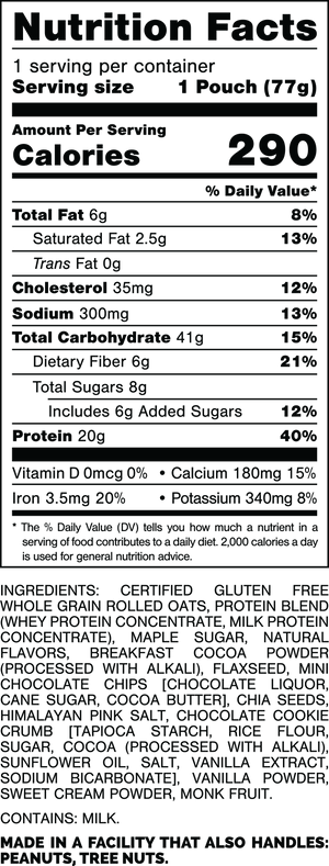 Nutrition Facts.
Serving Size: 1 Pouch (77grams).
Calories: 290.
Total Fat: 6grams 8%.
Saturated Fat: 2.5grams 13%.
Trans Fat: 0grams.
Cholesterol: 35mg 12%.
Sodium: 300mg 13%.
Total Carbohydrates: 41grams 15%.
Dietary Fiber: 6grams 21%.
Total Sugars: 8grams.
Includes: 6grams Added Sugars 12%.
Protein: 20grams 40%.
Vitamin D: 0mcg 0%.
Calcium: 180mg 15%.
Iron: 3.5mg 20%.
Potassium: 340mg 8%.

Ingredients:
Certified Gluten Free Whole Grain Rolled Oats, Protein Blend (Whey Protein Concentrate, Milk Protein Concentrate), Maple Sugar, Natural Flavors, Breakfast Cocoa Powder (Processed with Alkali), Flaxseed, Mini Chocolate Chips (Chocolate Liquor, Cane Sugar, Cocoa Butter), Chia Seeds, Himalayan Pink Salt, Chocolate Cookie Crumb (Tapioca Starch, Rice Flour, Sugar, Cocoa [Processed with Alkali], Sunflower Oil, Salt, Vanilla Extract, Sodium Bicarbonate), Vanilla Powder, Sweet Cream Powder, Monk Fruit.

CONTAINS: MILK.

MADE IN A FACILITY THAT ALSO HANDLES: PEANUTS, TREE NUTS.
