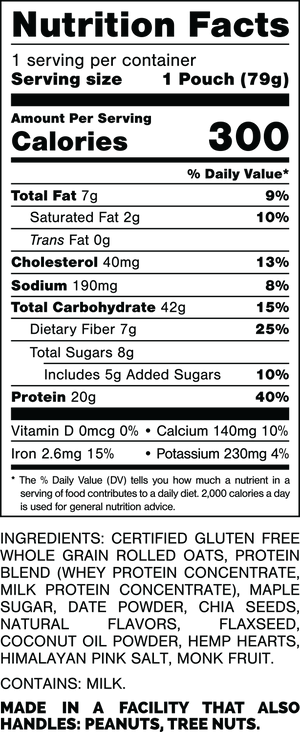 Nutrition Facts.
Serving Size: 1 Pouch (79gram).
Calories: 300.
Total Fat: 7gram 9%.
Saturated Fat: 2gram 10%.
Trans Fat: 0gram.
Cholesterol: 40mg 13%.
Sodium: 190mg 8%.
Total Carbohydrates: 42gram 15%.
Dietary Fiber: 7gram 25%.
Total Sugars: 8gram.
Includes: 5gram Added Sugars 10%.
Protein: 20gram 40%.
Vitamin D: 0mcg 0%.
Calcium: 140mg 10%.
Iron: 2.6mg 15%.
Potassium: 230mg 4%.

INGREDIENTS: CERTIFIED GLUTEN FREE WHOLE GRAIN ROLLED OATS, PROTEIN BLEND (WHEY PROTEIN CONCENTRATE, MILK PROTEIN CONCENTRATE), MAPLE SUGAR, DATE POWDER, CHIA SEEDS, NATURAL FLAVORS, FLAXSEED, COCONUT OIL POWDER, HEMP HEARTS, HIMALAYAN PINK SALT, MONK FRUIT.

CONTAINS: MILK.

MADE IN A FACILITY THAT ALSO HANDLES: PEANUTS, TREE NUTS.