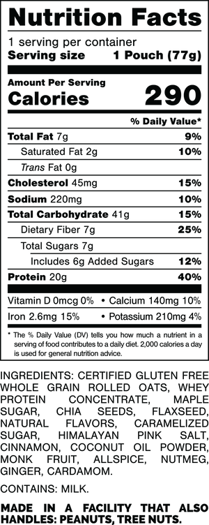 Nutrition Facts.
Serving Size: 1 Pouch (77gram).
Calories: 290.
Total Fat: 7gram 9%.
Saturated Fat: 2gram 10%.
Trans Fat: 0gram.
Cholesterol: 45mg 15%.
Sodium: 220mg 10%.
Total Carbohydrates: 41gram 15%.
Dietary Fiber: 7gram 25%.
Total Sugars: 7gram.
Includes: 6gram Added Sugars 12%.
Protein: 20gram 40%.
Vitamin D: 0mcg 0%.
Calcium: 140mg 10%.
Iron: 2.6mg 15%.
Potassium: 210mg 4%.

INGREDIENTS: CERTIFIED GLUTEN FREE WHOLE GRAIN ROLLED OATS, WHEY PROTEIN CONCENTRATE, MAPLE SUGAR, CHIA SEEDS, FLAXSEED, NATURAL FLAVORS, CARAMELIZED SUGAR, HIMALAYAN PINK SALT, CINNAMON, COCONUT OIL POWDER, MONK FRUIT, ALLSPICE, NUTMEG, GINGER, CARDAMOM.
 
CONTAINS: MILK.
 
MADE IN A FACILITY THAT ALSO HANDLES: PEANUTS, TREE NUTS.