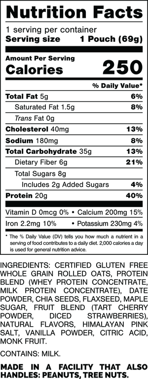 Nutrition Facts.
Serving Size: 1 Pouch (69gram).
Calories: 250.
Total Fat: 5gram 6%.
Saturated Fat: 1.5gram 8%.
Trans Fat: 0gram.
Cholesterol: 40mg 13%.
Sodium: 180mg 8%.
Total Carbohydrates: 35gram 13%.
Dietary Fiber: 6gram 21%.
Total Sugars: 8gram.
Includes: 2gram Added Sugars 4%.
Protein: 20gram 40%.
Vitamin D: 0mcg 0%.
Calcium: 200mg 15%.
Iron: 2.2mg 10%.
Potassium: 230mg 4%.

INGREDIENTS: CERTIFIED GLUTEN FREE WHOLE GRAIN ROLLED OATS, PROTEIN BLEND (WHEY PROTEIN CONCENTRATE, MILK PROTEIN CONCENTRATE), DATE POWDER, CHIA SEEDS, FLAXSEED, MAPLE SUGAR, FRUIT BLEND (TART CHERRY POWDER, DICED STRAWBERRIES), NATURAL FLAVORS, HIMALAYAN PINK SALT, VANILLA POWDER, CITRIC ACID, MONK FRUIT.
 
CONTAINS: MILK.
 
MADE IN A FACILITY THAT ALSO HANDLES: PEANUTS, TREE NUTS.