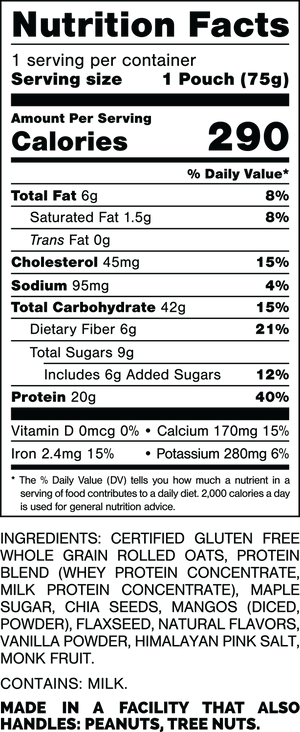 Nutrition Facts.
Serving Size: 1 Pouch (75gram).
Calories: 290.
Total Fat: 6gram 8%.
Saturated Fat: 1.5gram 8%.
Trans Fat: 0gram.
Cholesterol: 45mg 15%.
Sodium: 95mg 4%.
Total Carbohydrates: 42gram 15%.
Dietary Fiber: 6gram 21%.
Total Sugars: 9gram.
Includes 6gram Added Sugars 12%.
Protein: 20gram 40%.
Vitamin D: 0mcg 0%.
Calcium: 170mg 15%.
Iron: 2.4mg 15%.
Potassium: 280mg 6%.

INGREDIENTS: CERTIFIED GLUTEN FREE WHOLE GRAIN ROLLED OATS, PROTEIN BLEND (WHEY PROTEIN CONCENTRATE, MILK PROTEIN CONCENTRATE), MAPLE SUGAR, CHIA SEEDS, MANGOS (DICED, POWDER), FLAXSEED, NATURAL FLAVORS, VANILLA POWDER, HIMALAYAN PINK SALT, MONK FRUIT.

CONTAINS: MILK.

MADE IN A FACILITY THAT ALSO HANDLES: PEANUTS, TREE NUTS.
