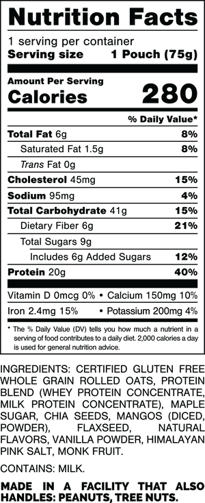 Nutrition Facts.
Serving Size: 1 Pouch (75gram).
Calories: 280.
Total Fat: 6gram 8%.
Saturated Fat: 1.5gram 8%.
Trans Fat: 0gram.
Cholesterol: 45mg 15%.
Sodium: 95mg 4%.
Total Carbohydrates: 41gram 15%.
Dietary Fiber: 6gram 21%.
Total Sugars: 9gram.
Includes 6gram Added Sugars 12%.
Protein: 20gram 40%.
Vitamin D: 0mcg 0%.
Calcium: 150mg 10%.
Iron: 2.4mg 15%.
Potassium: 200mg 4%.

INGREDIENTS: CERTIFIED GLUTEN FREE WHOLE GRAIN ROLLED OATS, PROTEIN BLEND (WHEY PROTEIN CONCENTRATE, MILK PROTEIN CONCENTRATE), MAPLE SUGAR, CHIA SEEDS, MANGOS (DICED, POWDER), FLAXSEED, NATURAL FLAVORS, VANILLA POWDER, HIMALAYAN PINK SALT, MONK FRUIT. 

CONTAINS: MILK.

MADE IN A FACILITY THAT ALSO HANDLES: PEANUTS, TREE NUTS.