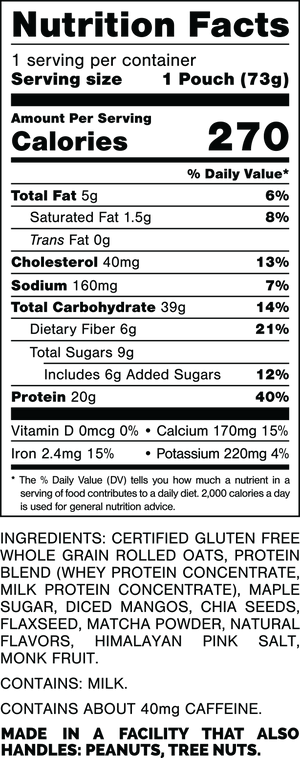 Nutrition Facts.
Serving Size: 1 Pouch (73gram).
Calories: 270.
Total Fat: 5gram 6%.
Saturated Fat: 1.5gram 8%.
Trans Fat: 0gram.
Cholesterol: 40mg 13%.
Sodium: 160mg 7%.
Total Carbohydrates: 39gram 14%.
Dietary Fiber: 6gram 21%.
Total Sugars: 9gram.
Includes: 6gram Added Sugars 12%.
Protein: 20gram 40%.
Vitamin D: 0mcg 0%.
Calcium: 170mg 15%.
Iron: 2.4mg 15%.
Potassium: 220mg 4%.

INGREDIENTS: CERTIFIED GLUTEN FREE WHOLE GRAIN ROLLED OATS, PROTEIN BLEND (WHEY PROTEIN CONCENTRATE, MILK PROTEIN CONCENTRATE), MAPLE SUGAR, DICED MANGOS, CHIA SEEDS, FLAXSEED, MATCHA POWDER, NATURAL FLAVORS, HIMALAYAN PINK SALT, MONK FRUIT.

CONTAINS: MILK.

CONTAINS ABOUT 40mg CAFFEINE.

MADE IN A FACILITY THAT ALSO HANDLES: PEANUTS, TREE NUTS.