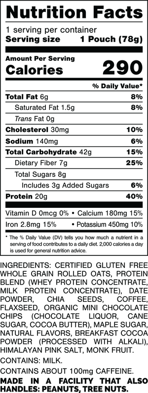 Serving Size: 1 Pouch (78grams).
Calories: 290.
Total Fat: 6grams 8%.
Saturated Fat: 1.5grams 8%.
Trans Fat: 0grams.
Cholesterol: 30mg 10%.
Sodium: 140mg 6%.
Total Carbohydrates: 42grams 15%.
Dietary Fiber: 7grams 25%.
Total Sugars: 8grams.
Includes: 3grams Added Sugars 6%.
Protein: 20grams 40%.
Vitamin D: 0mcg 0%.
Calcium: 180mg 15%.
Iron: 2.8mg 15%.
Potassium: 450mg 10%.

Ingredients:
Certified Gluten Free Whole Grain Rolled Oats, Protein Blend (Whey Protein Concentrate, Milk Protein Concentrate), Date Powder, Chia Seeds, Coffee, Flaxseed, Organic Mini Chocolate Chips (Chocolate Liquor, Cane Sugar, Cocoa Butter), Maple Sugar, Natural Flavors, Breakfast Cocoa Powder (Processed with Alkali), Himalayan Pink Salt, Monk Fruit.

Contains: Milk.

Additional Information:
Contains about 100mg caffeine.

Made in a facility that also handles: Peanuts, Tree Nuts.