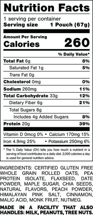 Nutrition Facts.

Serving Size: 1 Pouch (67gram).
Calories: 260.
Total Fat: 6gram 8%.
Saturated Fat: 1gram 5%.
Trans Fat: 0gram.
Cholesterol: 0mg 0%.
Sodium: 260mg 11%.
Total Carbohydrates: 33gram 12%.
Dietary Fiber: 6gram 21%.
Total Sugars: 8gram.
Includes: 4gram Added Sugars 8%.
Protein: 20gram 39%.
Vitamin D: 0mcg 0%.
Calcium: 170mg 15%.
Iron: 4.9mg 25%.
Potassium: 250mg 6%.
