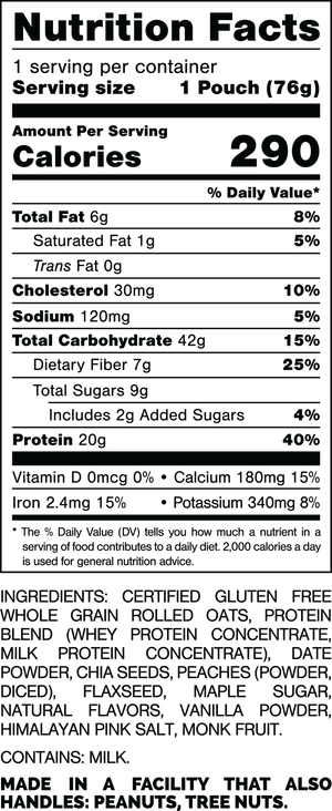 Nutrition Facts.
Serving Size: 1 Pouch (76gram).
Calories: 290.
Total Fat: 6gram 8%.
Saturated Fat: 1gram 5%.
Trans Fat: 0gram.
Cholesterol: 30mg 10%.
Sodium: 120mg 5%.
Total Carbohydrates: 42gram 15%.
Dietary Fiber: 7gram 25%.
Total Sugars: 9gram.
Includes: 2gram Added Sugars 4%.
Protein: 20gram 40%.
Vitamin D: 0mcg 0%.
Calcium: 180mg 15%.
Iron: 2.4mg 15%.
Potassium: 340mg 8%.

INGREDIENTS: CERTIFIED GLUTEN FREE WHOLE GRAIN ROLLED OATS, PROTEIN BLEND (WHEY PROTEIN CONCENTRATE, MILK PROTEIN CONCENTRATE), DATE POWDER, CHIA SEEDS, PEACHES (POWDER, DICED), FLAXSEED, MAPLE SUGAR, NATURAL FLAVORS, VANILLA POWDER, HIMALAYAN PINK SALT, MONK FRUIT.
 
CONTAINS: MILK.
 
MADE IN A FACILITY THAT ALSO HANDLES: PEANUTS, TREE NUTS.
