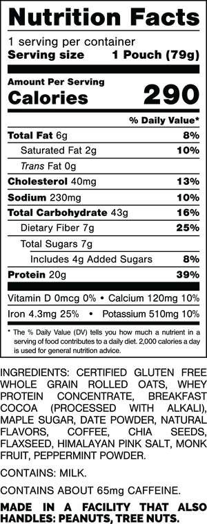 Nutrition Facts.
Serving Size: 1 Pouch (79grams).
Calories: 290.
Total Fat: 6grams 8%.
Saturated Fat: 2grams 10%.
Trans Fat: 0grams.
Cholesterol: 40mg 13%.
Sodium: 230mg 10%.
Total Carbohydrates: 43grams 16%.
Dietary Fiber: 7grams 25%.
Total Sugars: 7grams.
Includes: 4grams Added Sugars 8%.
Protein: 20grams 39%.
Vitamin D: 0mcg 0%.
Calcium: 120mg 10%.
Iron: 4.3mg 25%.
Potassium: 510mg 10%.

Ingredients:
Certified Gluten Free Whole Grain Rolled Oats, Whey Protein Concentrate, Breakfast Cocoa (Processed with Alkali), Maple Sugar, Date Powder, Natural Flavors, Coffee, Chia Seeds, Flaxseed, Himalayan Pink Salt, Monk Fruit, Peppermint Powder.

CONTAINS ABOUT 65mg CAFFEINE.

Contains: Milk.

Made in a facility that also handles: Peanuts, Tree Nuts.
