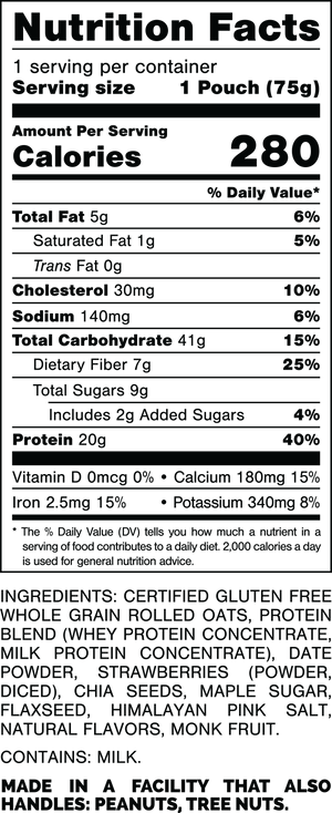 Nutrition Facts.
Serving Size: 1 Pouch (75gram).
Calories: 280.
Total Fat: 5gram 6%.
Saturated Fat: 1gram 5%.
Trans Fat: 0gram.
Cholesterol: 30mg 10%.
Sodium: 140mg 6%.
Total Carbohydrates: 41gram 15%.
Dietary Fiber: 7gram 25%.
Total Sugars: 9gram.
Includes: 2grams Added Sugars 4%.
Protein: 20gram 40%.
Vitamin D: 0mcg 0%.
Calcium: 180mg 15%.
Iron: 2.5mg 15%.
Potassium: 340mg 8%.

INGREDIENTS: CERTIFIED GLUTEN FREE WHOLE GRAIN ROLLED OATS, PROTEIN BLEND (WHEY PROTEIN CONCENTRATE, MILK PROTEIN CONCENTRATE), DATE POWDER, STRAWBERRIES (POWDER, DICED), CHIA SEEDS, MAPLE SUGAR, FLAXSEED, HIMALAYAN PINK SALT, NATURAL FLAVORS, MONK FRUIT.
 
CONTAINS: MILK.
 
MADE IN A FACILITY THAT ALSO HANDLES: PEANUTS, TREE NUTS.