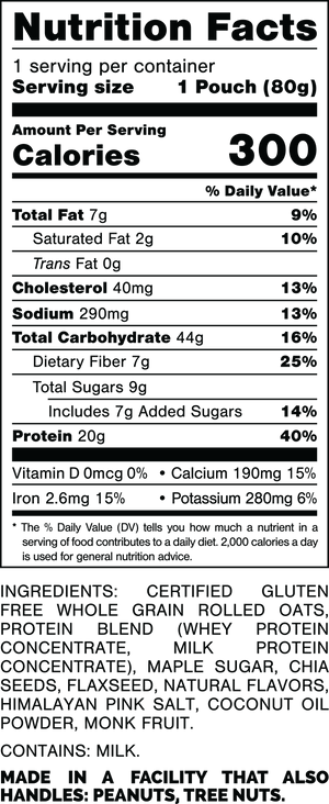 Nutrition Facts.
Serving Size: 1 Pouch (80grams).
Calories: 300.
Total Fat: 7grams 9%.
Saturated Fat: 2grams 10%.
Trans Fat: 0grams.
Cholesterol: 40mg 13%.
Sodium: 280mg 12%.
Total Carbohydrates: 44grams 16%.
Dietary Fiber: 7grams 25%.
Total Sugars: 8grams.
Includes: 7grams Added Sugars 14%.
Protein: 20grams 40%.
Vitamin D: 0mcg 0%.
Calcium: 160mg 10%.
Iron: 2.7mg 15%.
Potassium: 450mg 10%.

Ingredients: Certified Gluten Free Whole Grain Rolled Oats, Protein Blend (Whey Protein Concentrate, Milk Protein Concentrate), Maple Sugar, Chia Seeds, Flaxseed, Natural Flavors, Himalayan Pink Salt, Monk Fruit.

Contains: Milk.

Made in a facility that also handles: Peanuts, Tree Nuts.