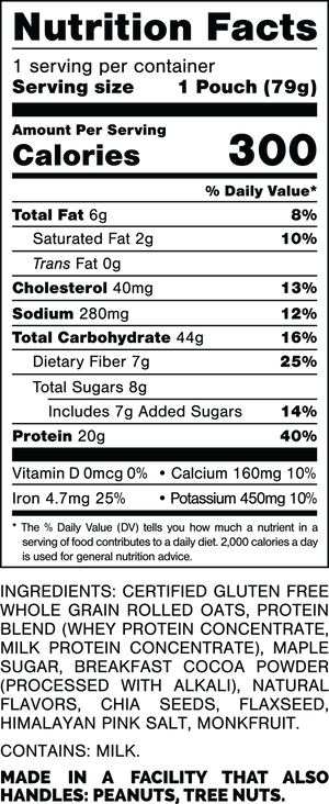 Nutrition Facts.
Serving Size: 1 Pouch (79gram).
Calories: 300.
Total Fat: 6gram 8%.
Saturated Fat: 2gram 10%.
Trans Fat: 0gram.
Cholesterol: 40mg 13%.
Sodium: 280mg 12%.
Total Carbohydrates: 44gram 16%.
Dietary Fiber: 7gram 25%.
Total Sugars: 8gram.
Includes: 7gram Added Sugars 14%.
Protein: 20gram 40%.
Vitamin D: 0mcg 0%.
Calcium: 160mg 10%.
Iron: 4.7mg 25%.
Potassium: 450mg 10%.

INGREDIENTS: CERTIFIED GLUTEN FREE WHOLE GRAIN ROLLED OATS, PROTEIN BLEND (WHEY PROTEIN CONCENTRATE, MILK PROTEIN CONCENTRATE), MAPLE SUGAR, BREAKFAST COCOA POWDER (PROCESSED WITH ALKALI), NATURAL FLAVORS, CHIA SEEDS, FLAXSEED, HIMALAYAN PINK SALT, MONKFRUIT.
 
CONTAINS: MILK.
 
MADE IN A FACILITY THAT ALSO HANDLES: PEANUTS, TREE NUTS.